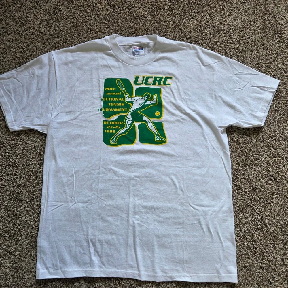 Vintage 1998 UCRC Tennis Tournament Graphic Shirt Mens XL White Hanes Beefy T
